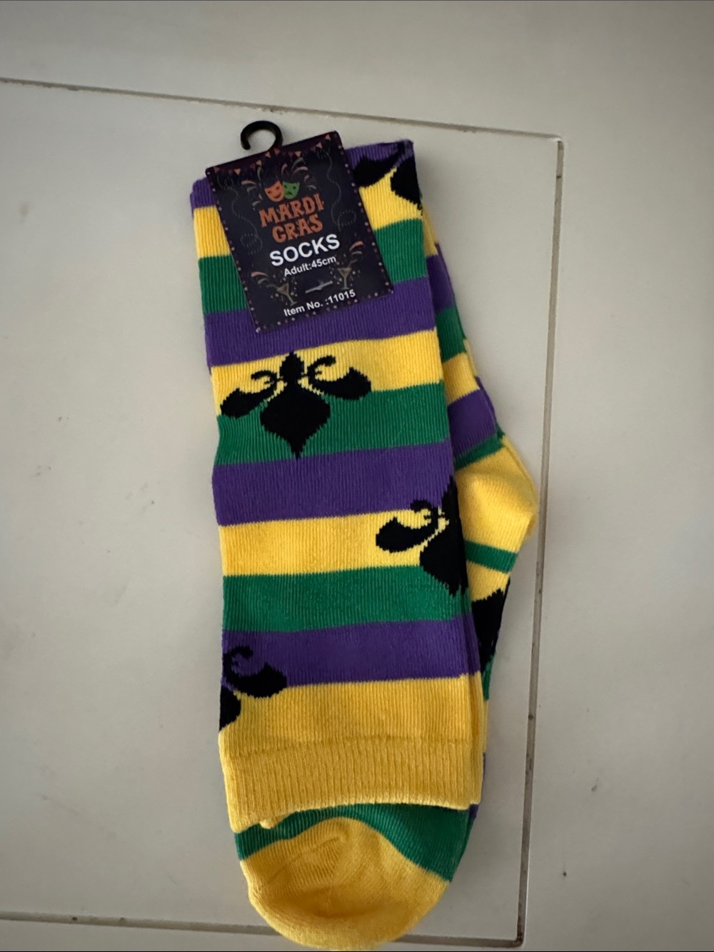 Mardi Gras Striped Crew Socks with Fleur-de-Lis Accents - Yellow, Green & Purple